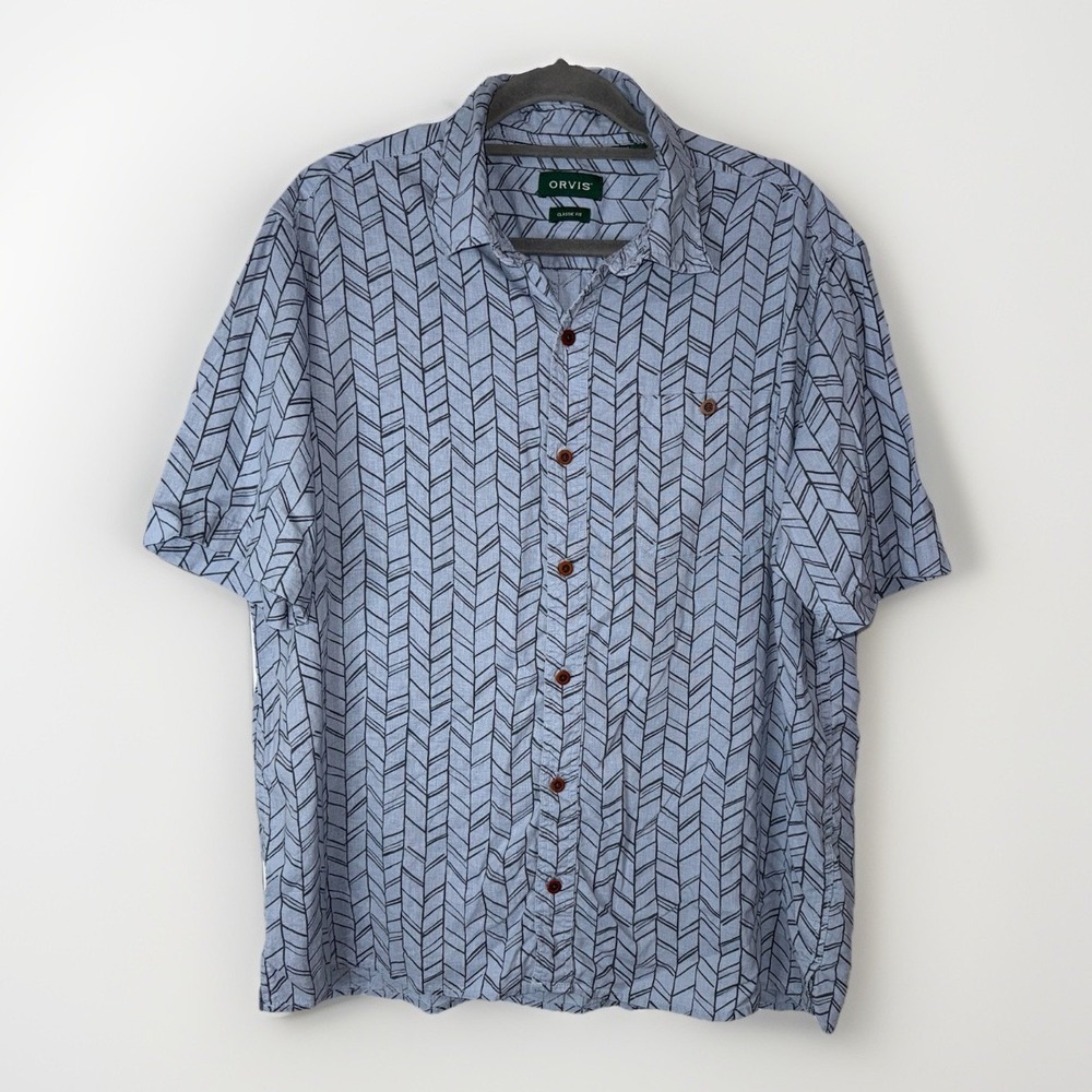 Orvis Classic Fit Short Sleeve Button Down Shirt L Blue Geometric Hemp Lyocell